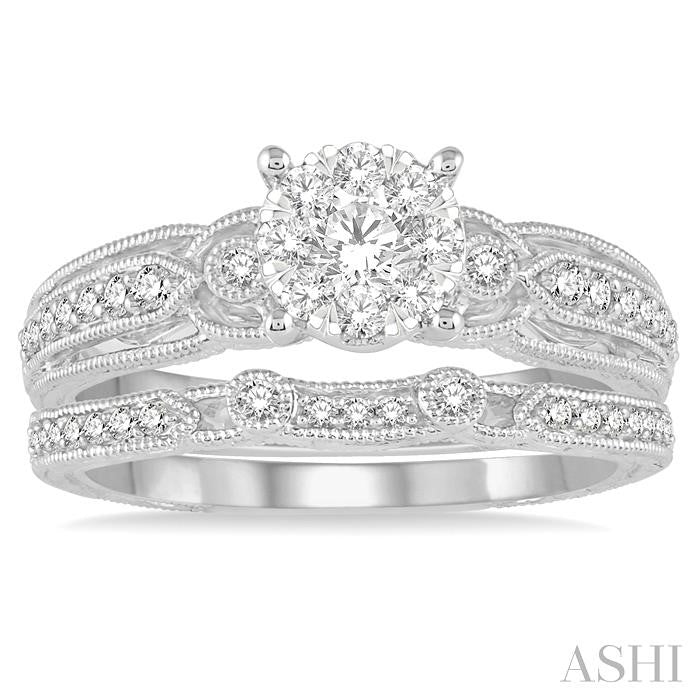 1/2 Ctw Round Cut Diamond Lovebright Bridal Set with 3/8 Ctw Engagement Ring and 1/10 Ctw Wedding Band in 14K White Gold