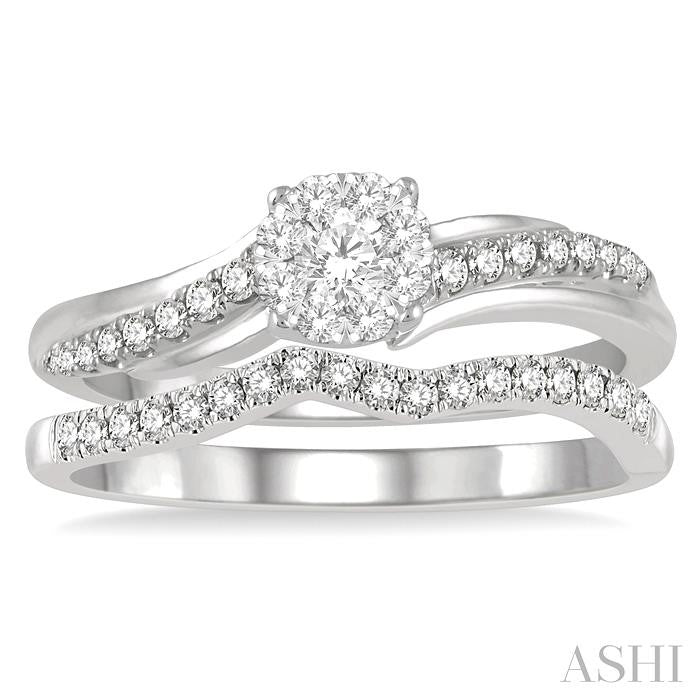 1/2 Ctw Lovebright Diamond Wedding Set With 1/3 Ctw Circular Mount Bypass Engagement Ring and 1/6 Ctw Chevron Wedding Band in 14K White Gold