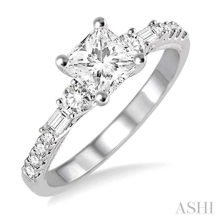 3/8 Ctw Round and Baguette Cut Diamond Princess Shape Semi-Mount Engagement Ring in 14K White Gold