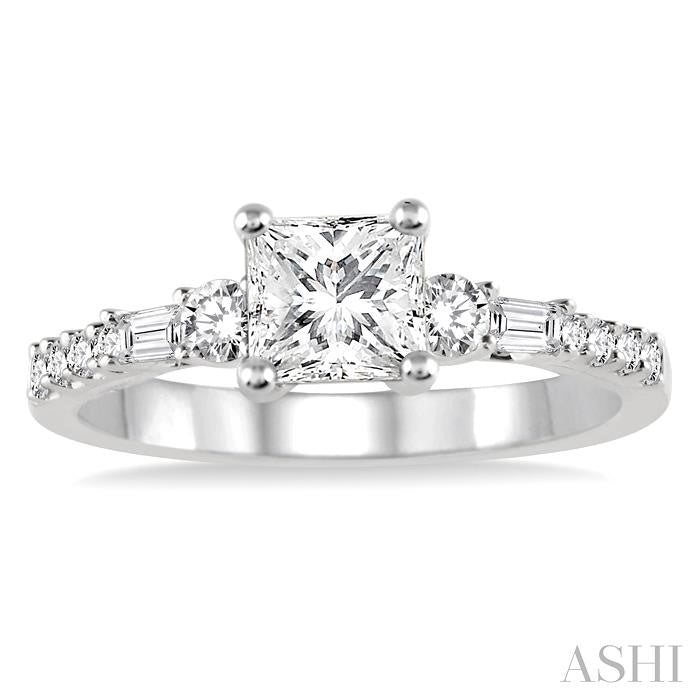 3/8 Ctw Round and Baguette Cut Diamond Princess Shape Semi-Mount Engagement Ring in 14K White Gold