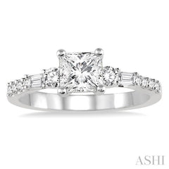3/8 Ctw Round and Baguette Cut Diamond Princess Shape Semi-Mount Engagement Ring in 14K White Gold