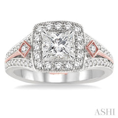 1 Ctw Diamond Engagement Ring with 3/8 Ct Princess Cut Center Stone in 14K White and Rose Gold