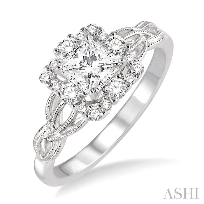 5/8 Ctw Diamond Engagement Ring with 1/3 Ct Princess Cut Center Stone in 14K White Gold