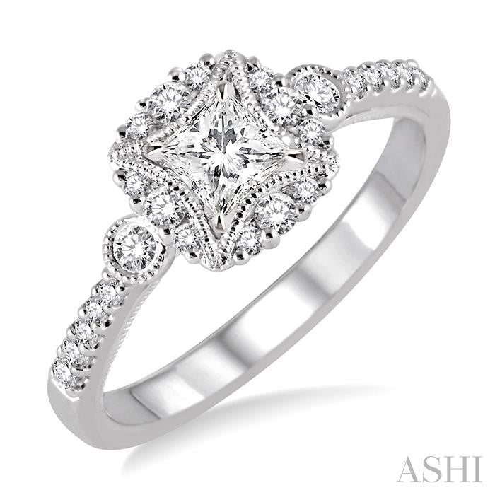 1/2 Ctw Diamond Engagement Ring with 1/5 Ct Princess Cut Center Stone in 14K White Gold