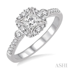 1/2 Ctw Diamond Engagement Ring with 1/5 Ct Princess Cut Center Stone in 14K White Gold