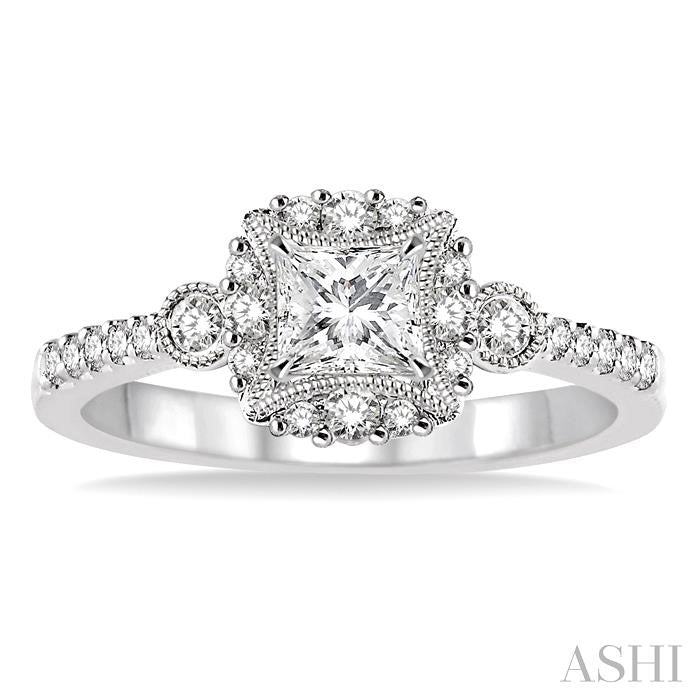 1/2 Ctw Diamond Engagement Ring with 1/5 Ct Princess Cut Center Stone in 14K White Gold