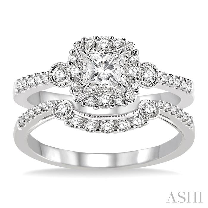 5/8 Ctw Diamond Wedding Set with 1/2 Ctw Princess Cut Engagement Ring and 1/5 Ctw Wedding Band in 14K White Gold