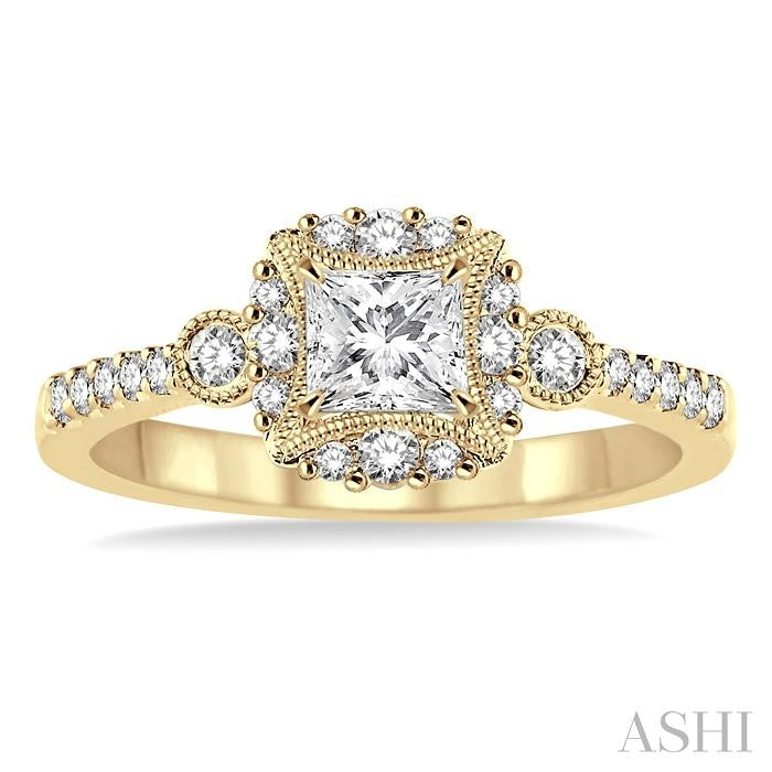 1/2 Ctw Diamond Engagement Ring with 1/5 Ct Princess Cut Center Stone in 14K Yellow Gold