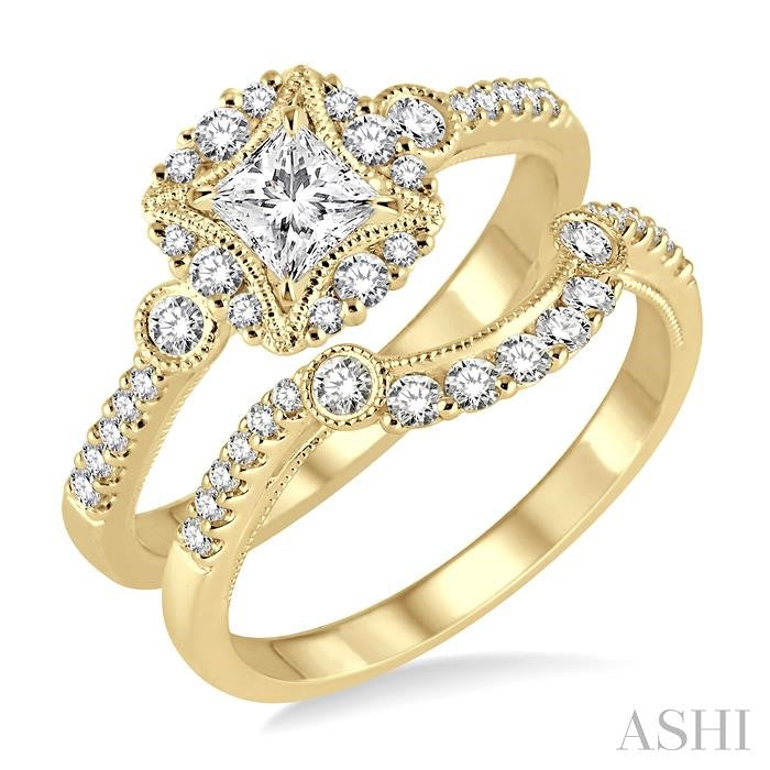 5/8 Ctw Diamond Wedding Set with 1/2 Ctw Princess Cut Engagement Ring and 1/5 Ctw Wedding Band in 14K Yellow Gold