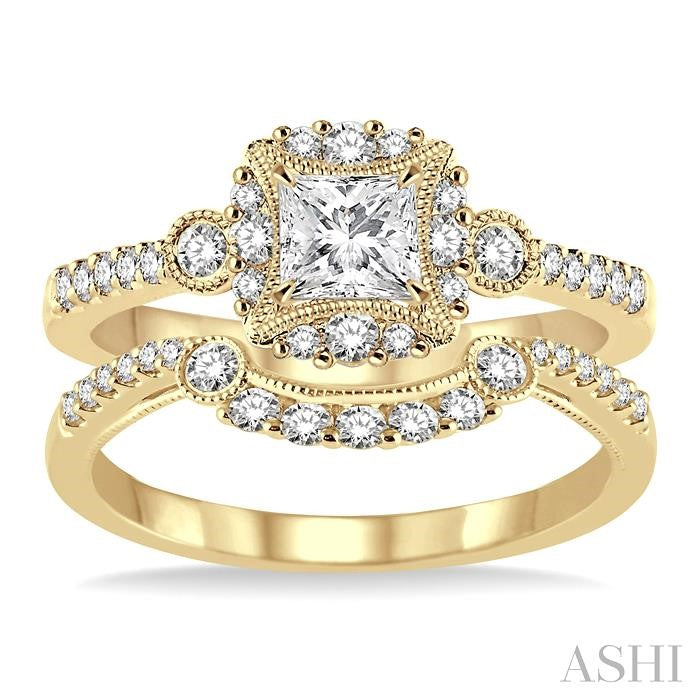 5/8 Ctw Diamond Wedding Set with 1/2 Ctw Princess Cut Engagement Ring and 1/5 Ctw Wedding Band in 14K Yellow Gold