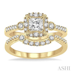5/8 Ctw Diamond Wedding Set with 1/2 Ctw Princess Cut Engagement Ring and 1/5 Ctw Wedding Band in 14K Yellow Gold
