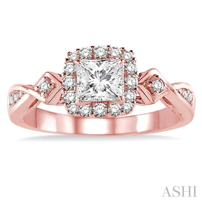 1/2 Ctw Diamond Engagement Ring with 1/5 Ct Princess Cut Center Stone in 14K Rose Gold