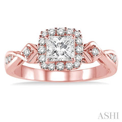 1/2 Ctw Diamond Engagement Ring with 1/5 Ct Princess Cut Center Stone in 14K Rose Gold