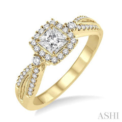 1/2 Ctw Diamond Engagement Ring with 1/5 Ct Princess Cut Center Stone in 14K Yellow Gold