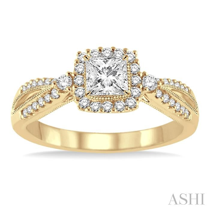 1/2 Ctw Diamond Engagement Ring with 1/5 Ct Princess Cut Center Stone in 14K Yellow Gold
