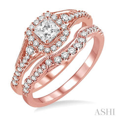 5/8 Ctw Diamond Wedding Set with 1/2 Ctw Princess Cut Engagement Ring and 1/6 Ctw Wedding Band in 14K Rose Gold