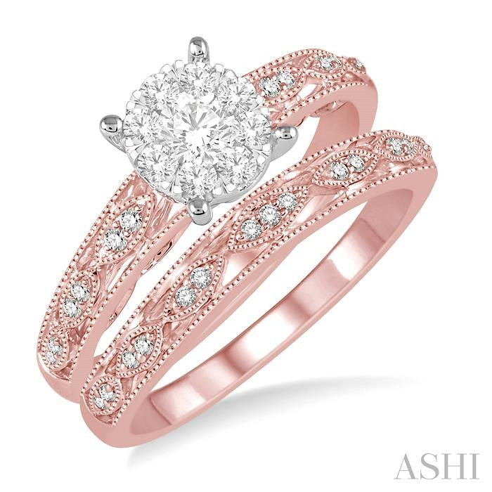 3/8 Ctw Round Cut Diamond Lovebright Bridal Set with 1/3 Ctw Engagement Ring Rose and White Gold and 1/20 Ctw Wedding Band in 14K Rose Gold