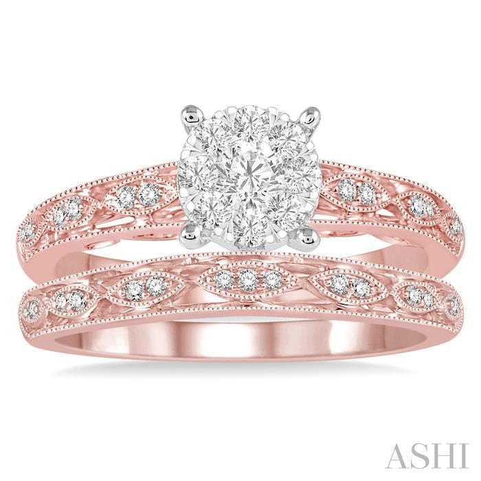 3/8 Ctw Round Cut Diamond Lovebright Bridal Set with 1/3 Ctw Engagement Ring Rose and White Gold and 1/20 Ctw Wedding Band in 14K Rose Gold