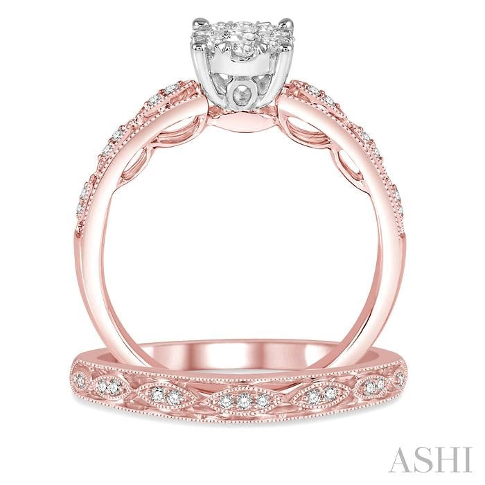 3/8 Ctw Round Cut Diamond Lovebright Bridal Set with 1/3 Ctw Engagement Ring Rose and White Gold and 1/20 Ctw Wedding Band in 14K Rose Gold