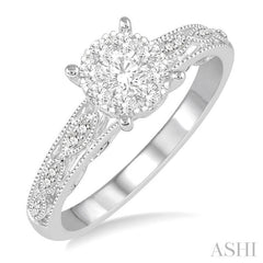 1/3 Ctw Round Cut Diamond Lovebright Engagement Ring in 14K White Gold