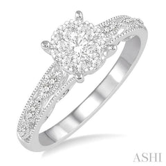 1/3 Ctw Round Cut Diamond Lovebright Engagement Ring in 14K White Gold