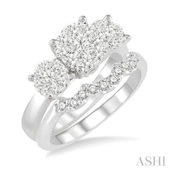 1 1/5 Ctw Lovebright Round Cut Diamond Wedding Set With 1 Ctw Circular Tri-Head Engagement Ring and 1/5 Ctw Tri-Wave Wedding Band in 14K White Gold