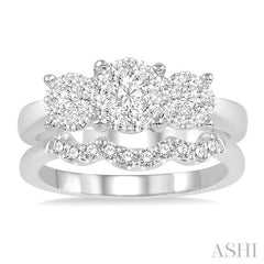 1 1/5 Ctw Lovebright Round Cut Diamond Wedding Set With 1 Ctw Circular Tri-Head Engagement Ring and 1/5 Ctw Tri-Wave Wedding Band in 14K White Gold