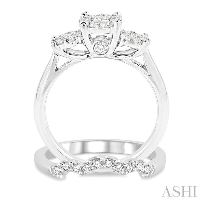 1 1/5 Ctw Lovebright Round Cut Diamond Wedding Set With 1 Ctw Circular Tri-Head Engagement Ring and 1/5 Ctw Tri-Wave Wedding Band in 14K White Gold