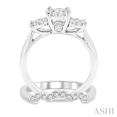 1 1/5 Ctw Lovebright Round Cut Diamond Wedding Set With 1 Ctw Circular Tri-Head Engagement Ring and 1/5 Ctw Tri-Wave Wedding Band in 14K White Gold