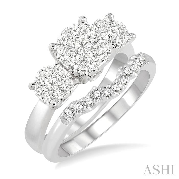 7/8 Ctw Lovebright Round Cut Diamond Wedding Set With 3/4 Ctw Circular Tri-Head Engagement Ring and 1/6 Ctw Tri-Wave Wedding Band in 14K White Gold