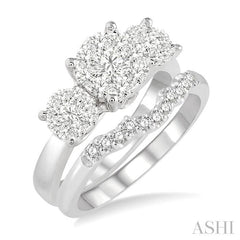 7/8 Ctw Lovebright Round Cut Diamond Wedding Set With 3/4 Ctw Circular Tri-Head Engagement Ring and 1/6 Ctw Tri-Wave Wedding Band in 14K White Gold
