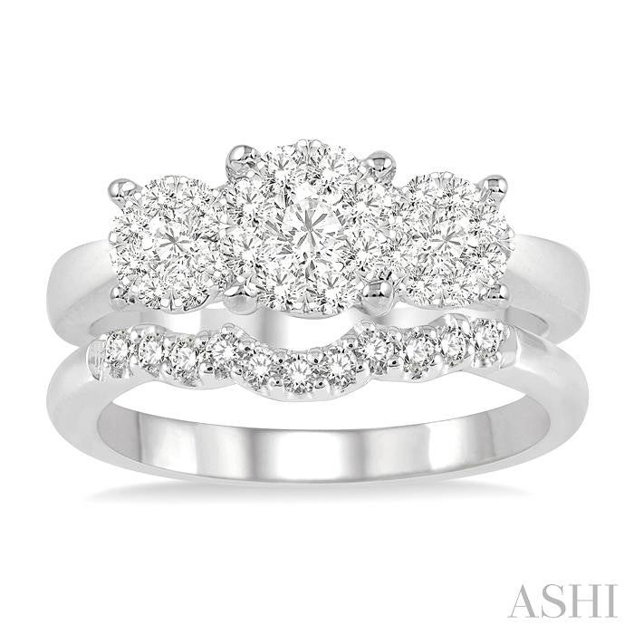 7/8 Ctw Lovebright Round Cut Diamond Wedding Set With 3/4 Ctw Circular Tri-Head Engagement Ring and 1/6 Ctw Tri-Wave Wedding Band in 14K White Gold