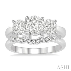 7/8 Ctw Lovebright Round Cut Diamond Wedding Set With 3/4 Ctw Circular Tri-Head Engagement Ring and 1/6 Ctw Tri-Wave Wedding Band in 14K White Gold