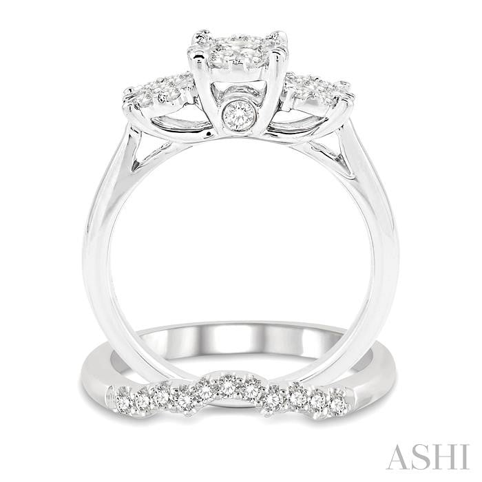 7/8 Ctw Lovebright Round Cut Diamond Wedding Set With 3/4 Ctw Circular Tri-Head Engagement Ring and 1/6 Ctw Tri-Wave Wedding Band in 14K White Gold