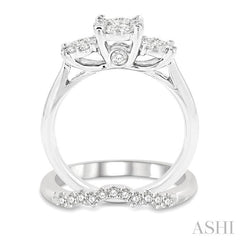 7/8 Ctw Lovebright Round Cut Diamond Wedding Set With 3/4 Ctw Circular Tri-Head Engagement Ring and 1/6 Ctw Tri-Wave Wedding Band in 14K White Gold