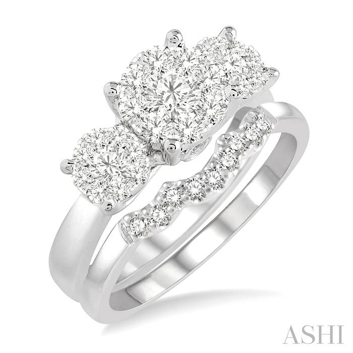 5/8 Ctw Lovebright Round Cut Diamond Wedding Set With 1/2 Ctw Circular Tri-Head Engagement Ring and 1/10 Ctw Tri-Wave Wedding Band in 14K White Gold