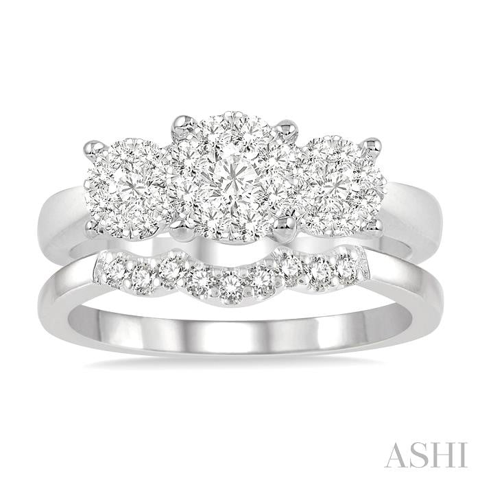 5/8 Ctw Lovebright Round Cut Diamond Wedding Set With 1/2 Ctw Circular Tri-Head Engagement Ring and 1/10 Ctw Tri-Wave Wedding Band in 14K White Gold