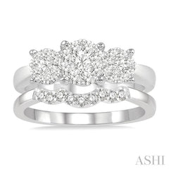 5/8 Ctw Lovebright Round Cut Diamond Wedding Set With 1/2 Ctw Circular Tri-Head Engagement Ring and 1/10 Ctw Tri-Wave Wedding Band in 14K White Gold