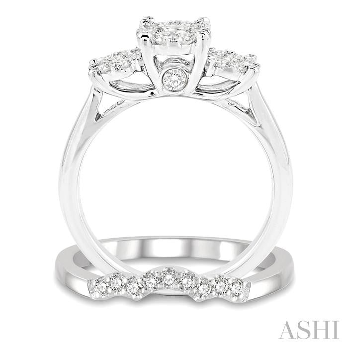 5/8 Ctw Lovebright Round Cut Diamond Wedding Set With 1/2 Ctw Circular Tri-Head Engagement Ring and 1/10 Ctw Tri-Wave Wedding Band in 14K White Gold