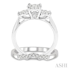 5/8 Ctw Lovebright Round Cut Diamond Wedding Set With 1/2 Ctw Circular Tri-Head Engagement Ring and 1/10 Ctw Tri-Wave Wedding Band in 14K White Gold
