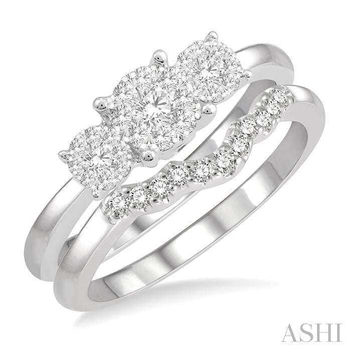 1/2 Ctw Lovebright Round Cut Diamond Wedding Set With 1/3 Ctw Circular Tri-Head Engagement Ring and 1/10 Ctw Tri-Wave Wedding Band in 14K White Gold