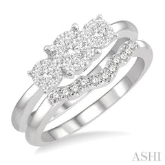 1/2 Ctw Lovebright Round Cut Diamond Wedding Set With 1/3 Ctw Circular Tri-Head Engagement Ring and 1/10 Ctw Tri-Wave Wedding Band in 14K White Gold
