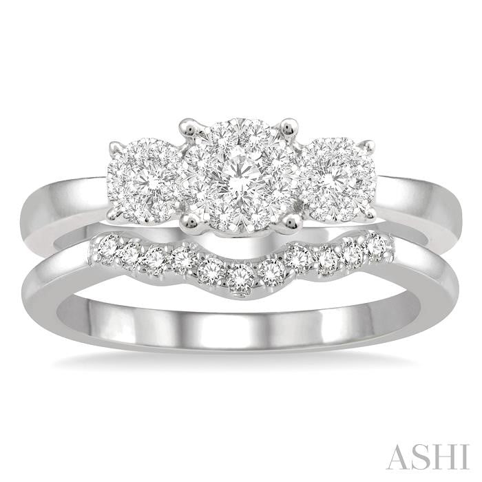 1/2 Ctw Lovebright Round Cut Diamond Wedding Set With 1/3 Ctw Circular Tri-Head Engagement Ring and 1/10 Ctw Tri-Wave Wedding Band in 14K White Gold