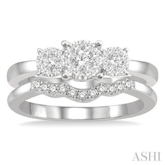 1/2 Ctw Lovebright Round Cut Diamond Wedding Set With 1/3 Ctw Circular Tri-Head Engagement Ring and 1/10 Ctw Tri-Wave Wedding Band in 14K White Gold