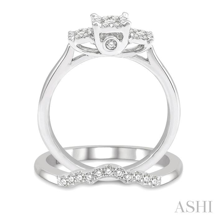 1/2 Ctw Lovebright Round Cut Diamond Wedding Set With 1/3 Ctw Circular Tri-Head Engagement Ring and 1/10 Ctw Tri-Wave Wedding Band in 14K White Gold