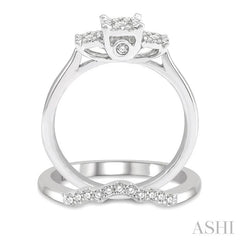 1/2 Ctw Lovebright Round Cut Diamond Wedding Set With 1/3 Ctw Circular Tri-Head Engagement Ring and 1/10 Ctw Tri-Wave Wedding Band in 14K White Gold
