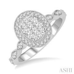 1/2 Ctw Oval Mount Criss Cross Shank Lovebright Round Cut Diamond Engagement Ring in 14K White Gold