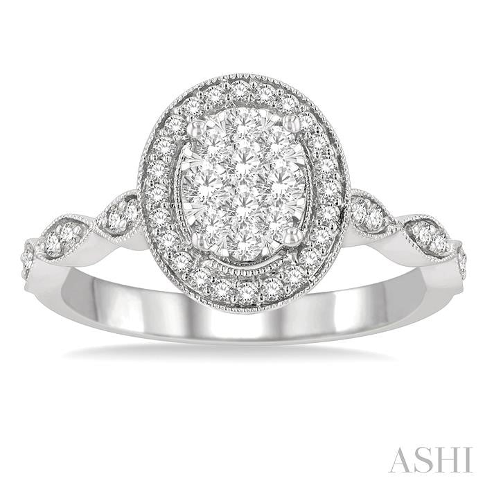 1/2 Ctw Oval Mount Criss Cross Shank Lovebright Round Cut Diamond Engagement Ring in 14K White Gold