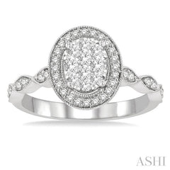 1/2 Ctw Oval Mount Criss Cross Shank Lovebright Round Cut Diamond Engagement Ring in 14K White Gold