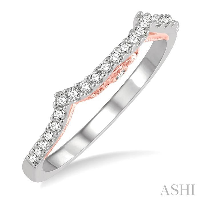 1/5 Ctw Boat Shape Center Round Cut Diamond Wedding Band in 14K White and Rose Gold